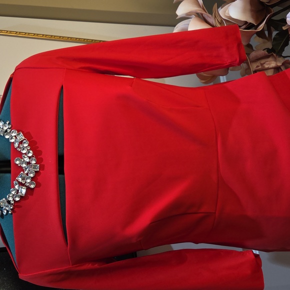 Nwot 14 Alex Evenings Red Long Sleeve Sheath Dress with Neck Cutout - Picture 4 of 17
